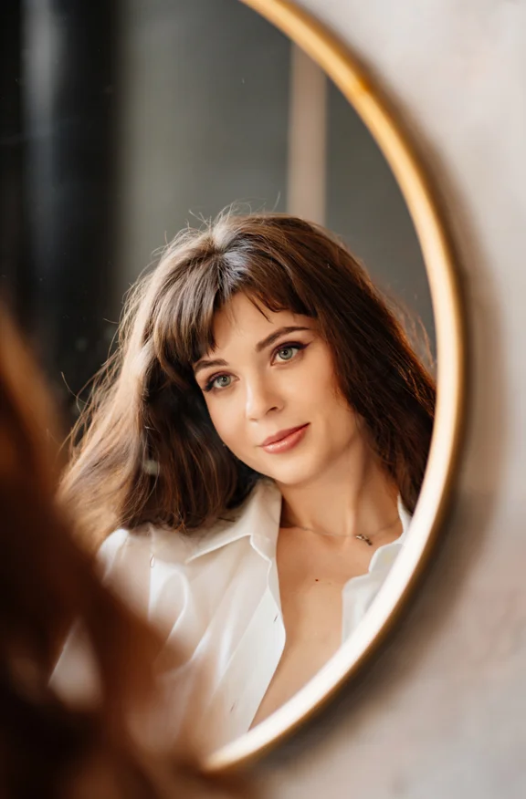 Brunette woman looking in the mirror